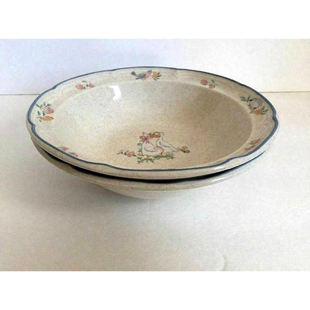 Set 2 International Stoneware Japan Cereal Soup Bowl Geese Lamb Bird Blue Rim - Picture 4 of 11